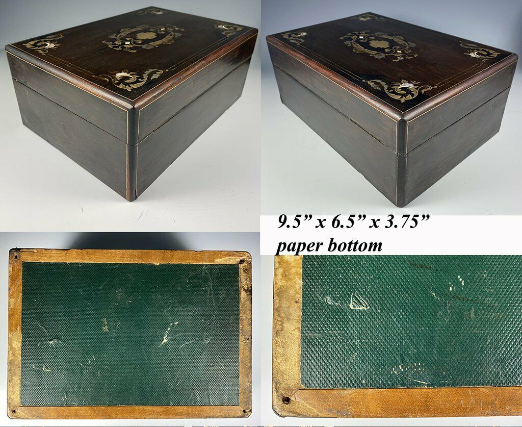 Antique French Boulle Rosewood Jewelry Box, Casket, Mother of Pearl Silver Inlay