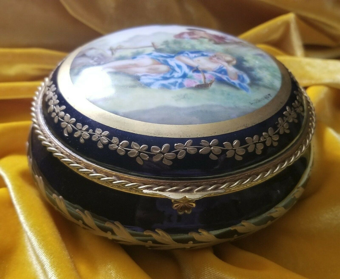 ANTIQUE FRENCH SEVRES PORCELAIN & BRONZE JEWERLY OR TRINKET BOX SIGNED BY ARTIST