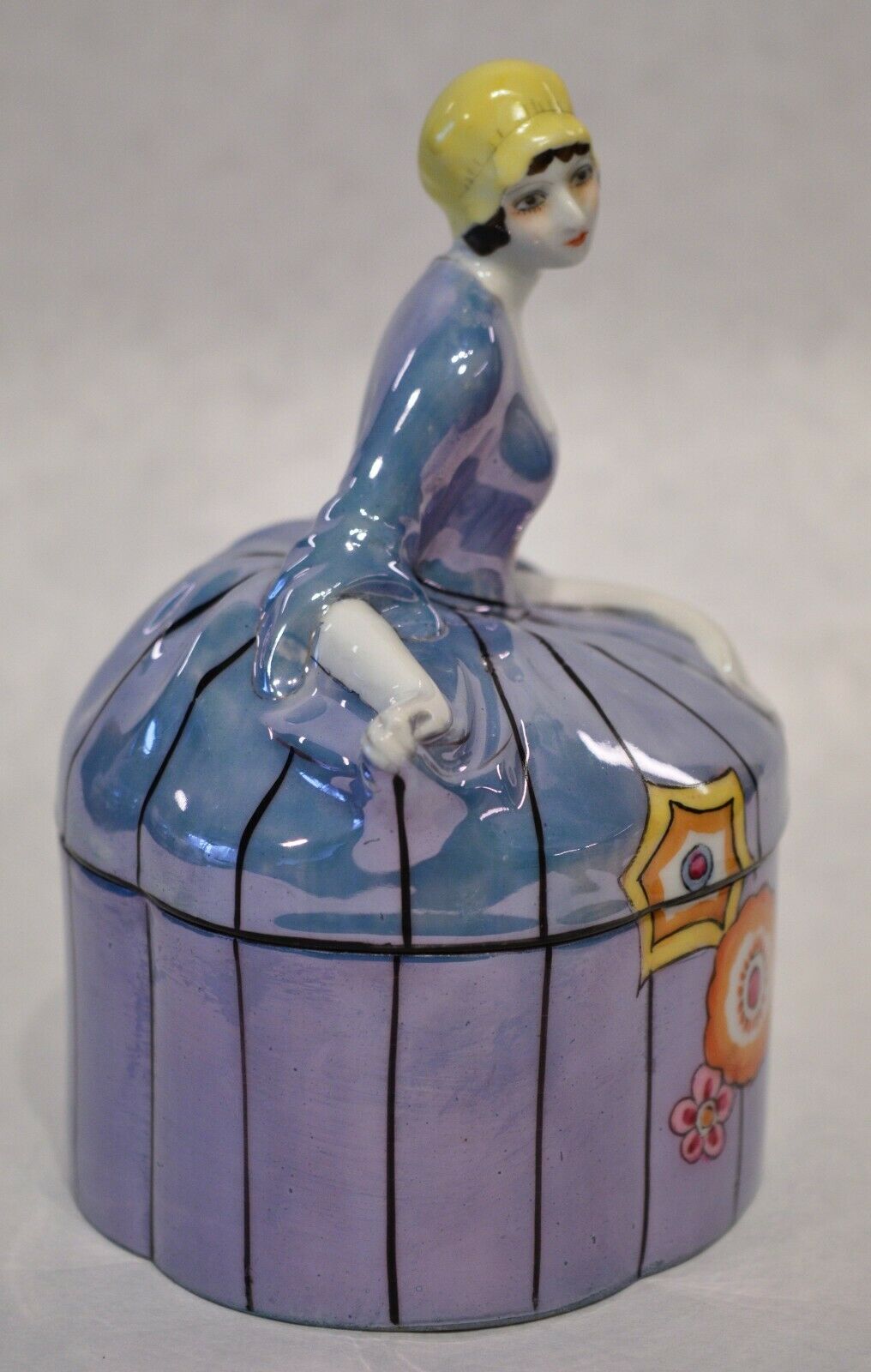 Great & scarce Art Deco lady Noritake blue luster oval box c.1920’s Superb!