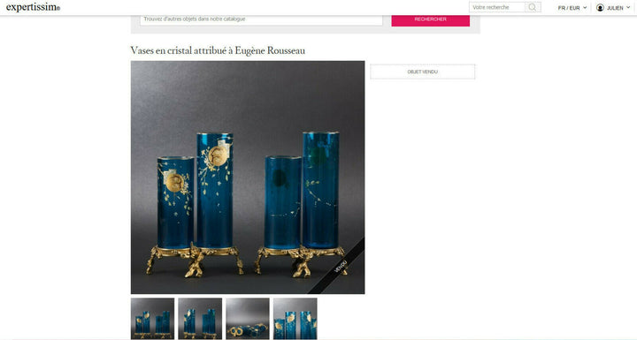 Eugène Rousseau, & BACCARAT. Vase rouleau en cristal bleu émaillé, monté bronze.