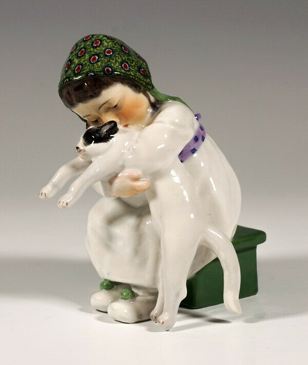 マイセン/meissen→ヘンチェル猫を抱く少女 猫を抱く少女 マイセン磁器