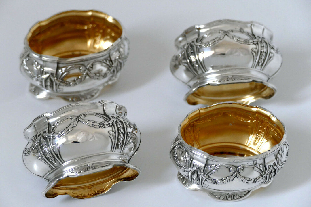 Collet French Sterling Silver 18k Gold Set 4 Salt Cellars, Spoons, Original box