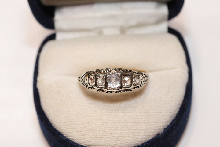 アンティーク 18K ナチュラルローズカットダイヤモンドとアクアマリンのリング