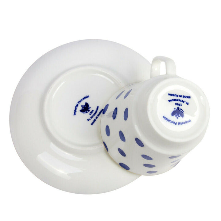 White Imperial Porcelain Teacup & Saucer, Blue Polka Dot, Mood#7 Pattern, LFZ