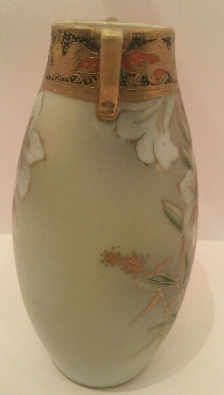 Antique Nippon Handled Hand Painted Brown Tiger Lilly Encrusted Porcelain Vase