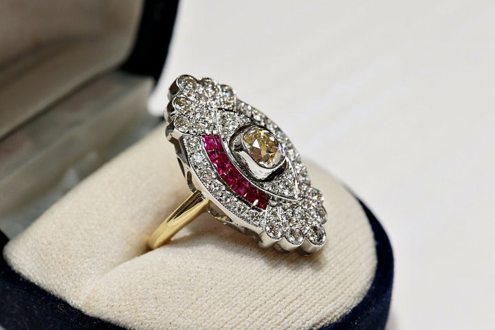 アールデコスタイル 18K ナチュラルダイヤモンドとルビーのナヴェットリング