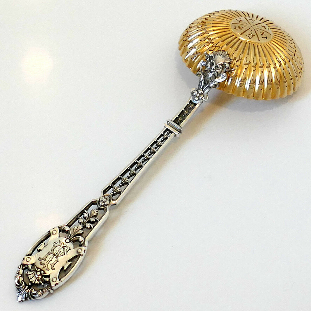 Puiforcat French Sterling Silver Sugar Sifter Spoon & Sugar Tongs, Box, Mascaron