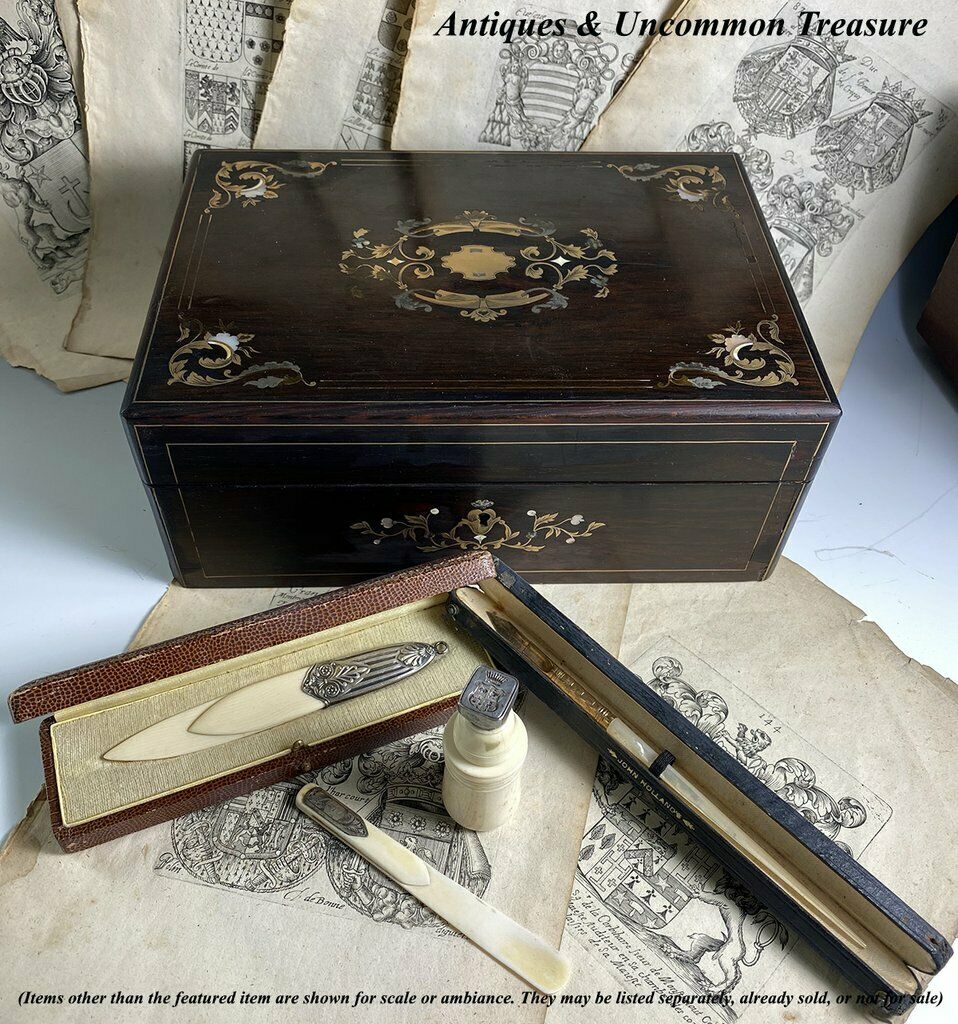 Antique French Boulle Rosewood Jewelry Box, Casket, Mother of Pearl Silver Inlay