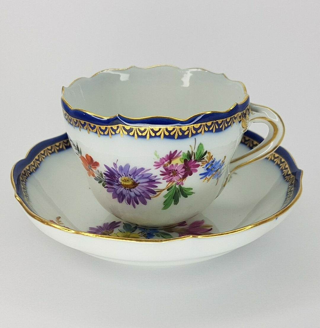 Meissen Coffee Cup & Saucer Bouquet Cobalt Gilt edge Pfeiffer Period