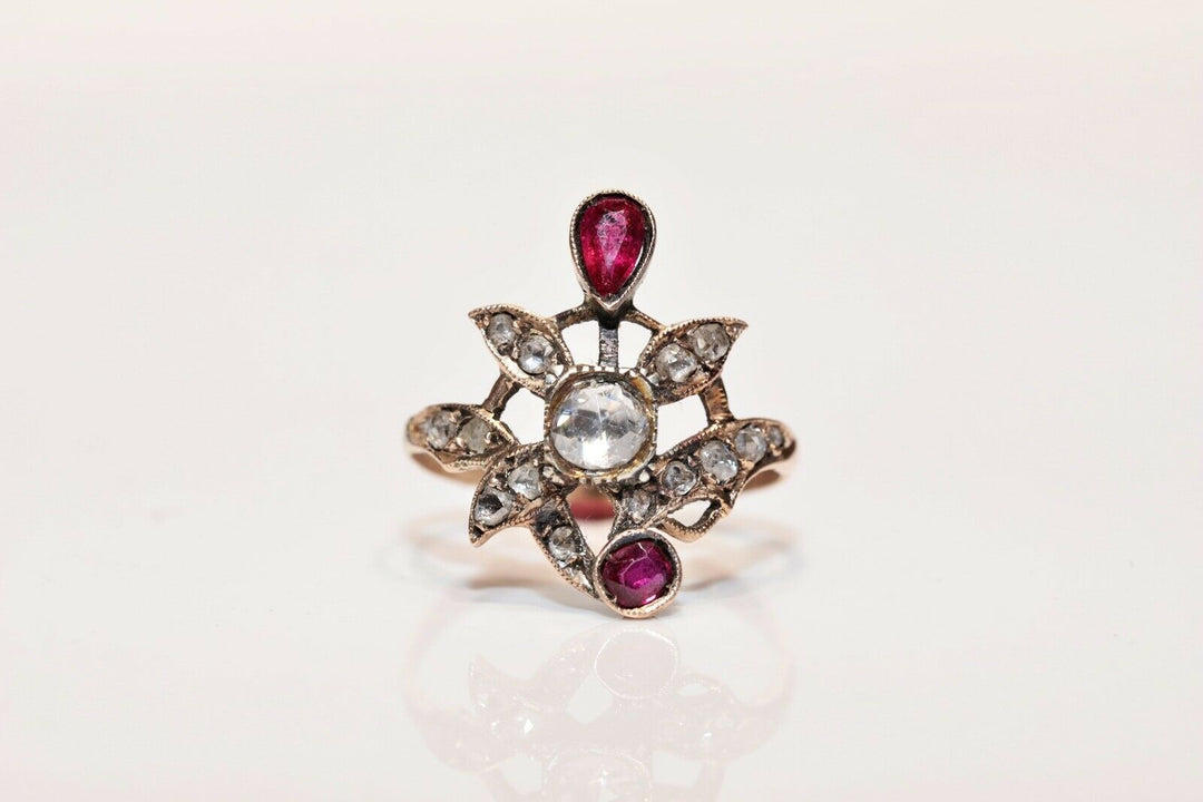 アンティーク 8K ナチュラルローズカットダイヤモンドとルビーのオスマンリング