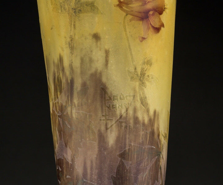 Large 19” Daum Nancy Enameled and Etched Columbine Flower Vase