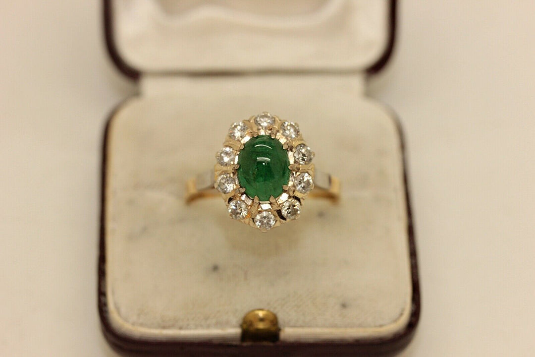 アンティーク オリジナル 18K ナチュラルダイヤモンドとエメラルドのロシアンリング