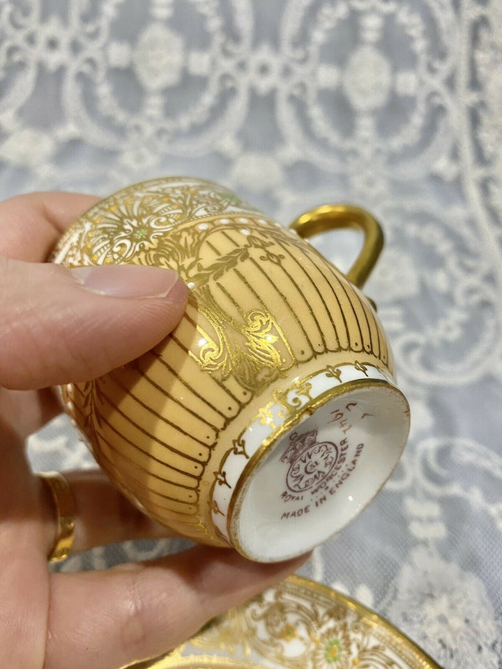 Antique ROYAL WORCESTER Porcelain Cup Saucer Set Enamel JEWELS Gold