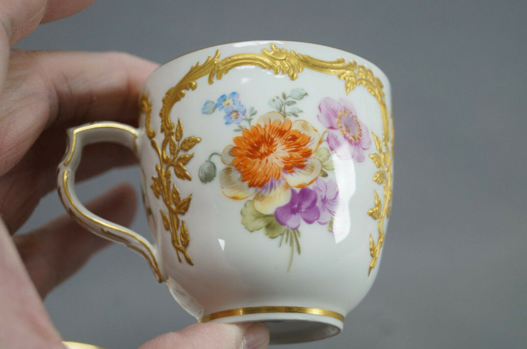 KPM Berlin Neuzierat Hand Painted Floral & Raised Gold Demitasse Cup & Saucer E