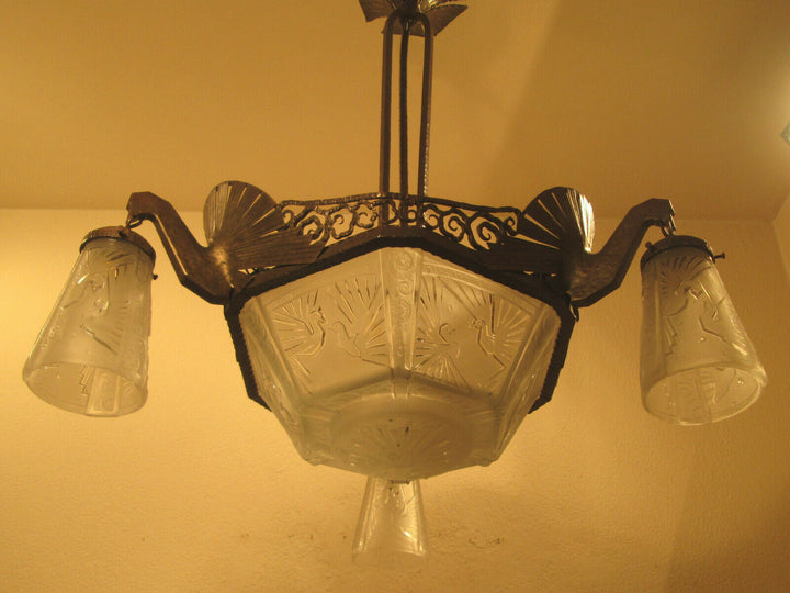 STUNNING FRENCH ART DECO CHANDELIER 1925-PEACOCKS-BY MULLER FRERES LUNEVILLE