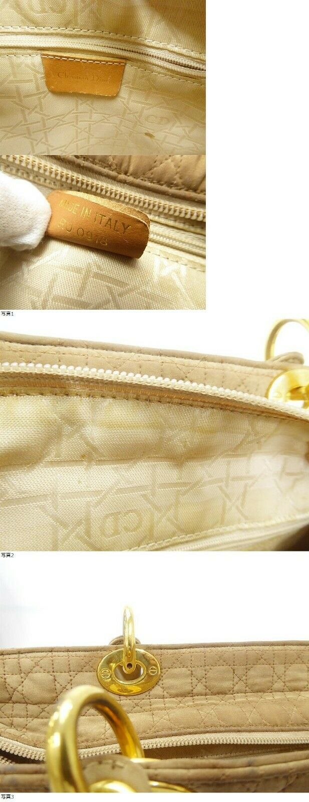 Auth Christian Dior Lady Cannage Hand Bag Nylon Leather Beige Vintage