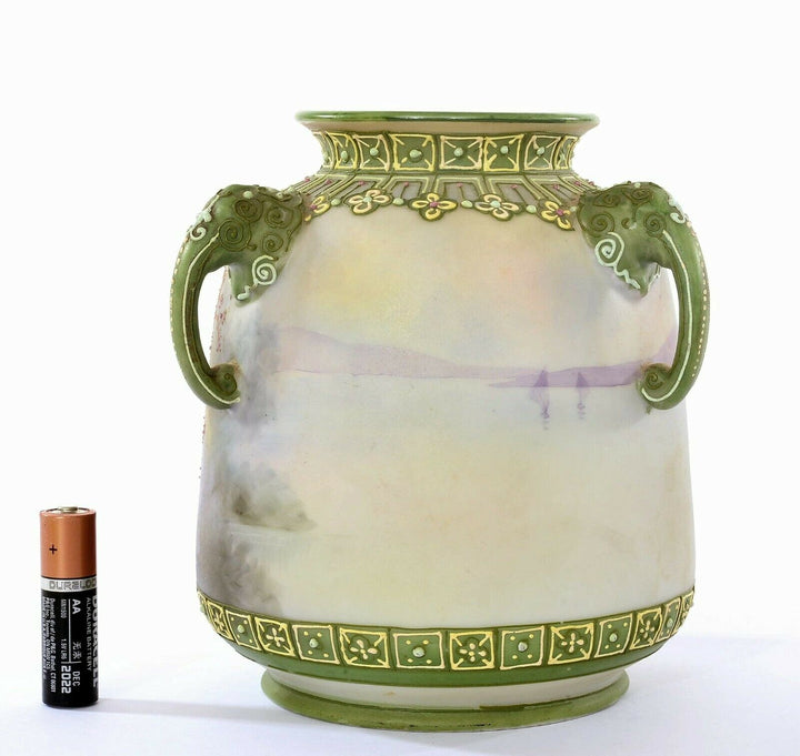 Japanese Hand Painted Moriage Nippon Porcelain Elephant Handle Scenic Vase Mk