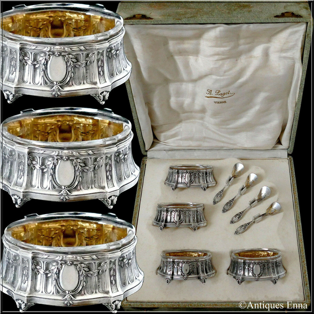 Lefebre French Sterling Silver 18k Gold 4 Salt Cellars, Spoons, Original Box