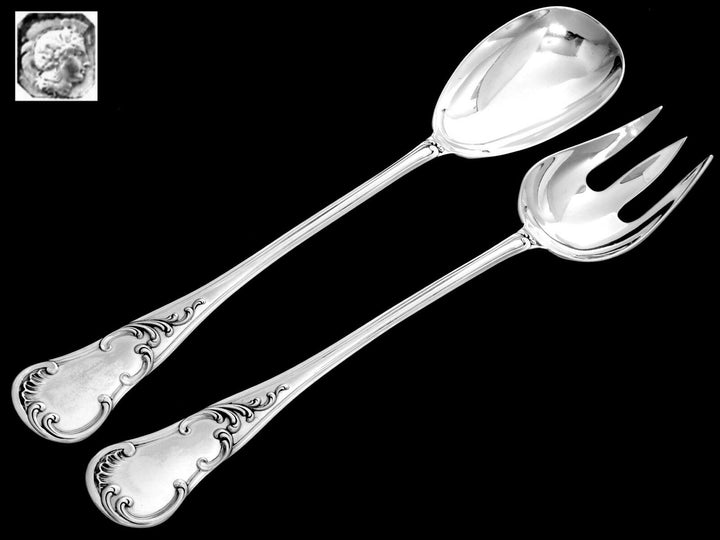 QUEILLE Elegant French All Sterling Silver Salad Serving Set 2 pc Rococo