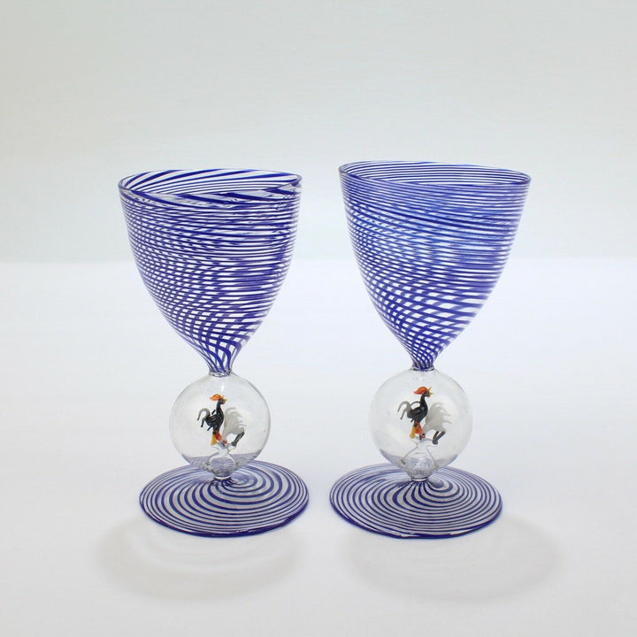 Pair of 2 Bimini Austrian Blue Swirl Wine or Cocktail Glasses - Lampwork Deco GL