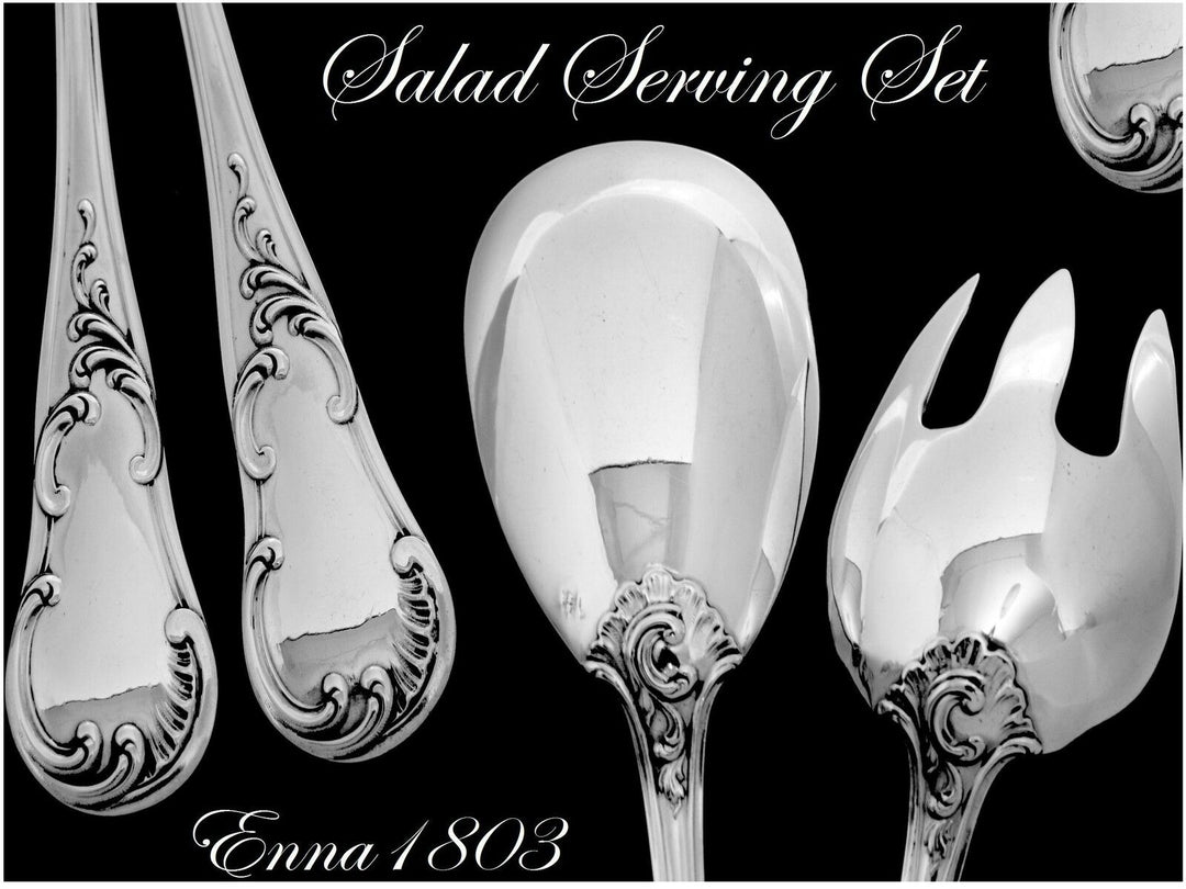 QUEILLE Elegant French All Sterling Silver Salad Serving Set 2 pc Rococo