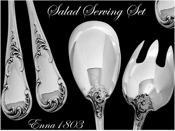 QUEILLE Elegant French All Sterling Silver Salad Serving Set 2 pc Rococo