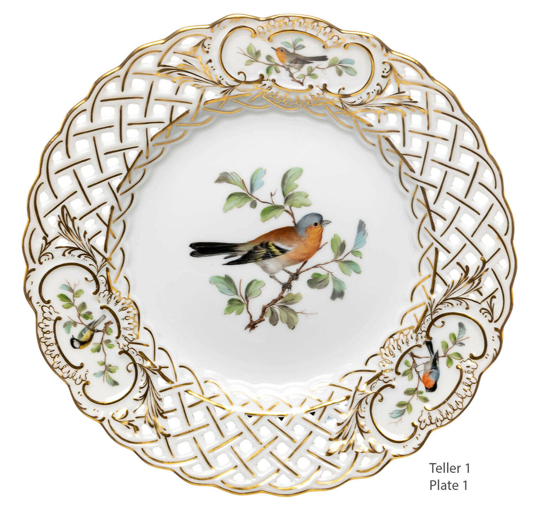 Durchbruchteller Vogel auf Ast Meissen Neuer Ausschnitt 1. Wahl 1850-1924 20,5cm