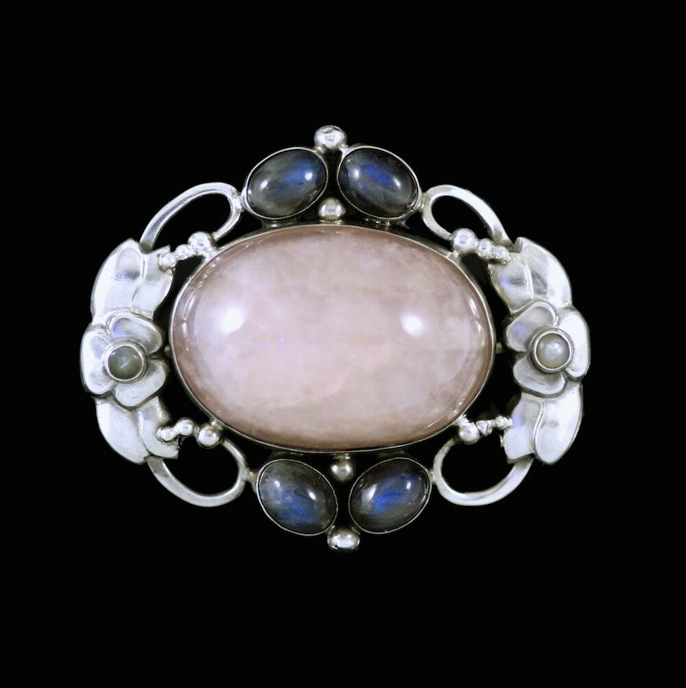 Georg Jensen. Silver Brooch #78 - Rose Quartz, Labradorite and Pearls-1904-08