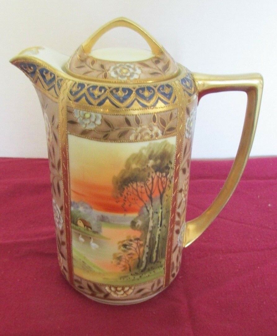 NIPPON GRN MRK GOLD ENAMELED FLOWERS DESIGN SWANS LAKE COTTAGE 8"T CHOCOLATE POT