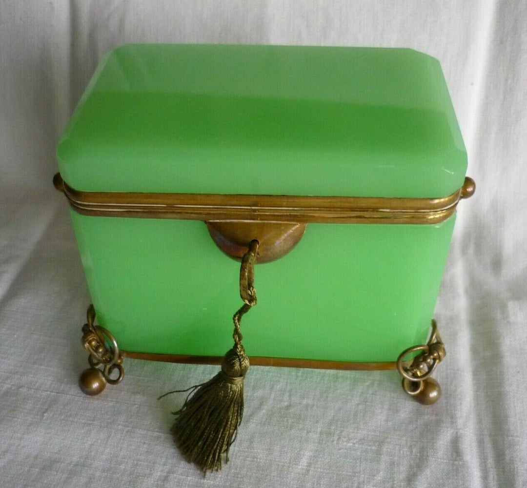 French/Bohemian Opaline/Vaseline Glass Casket Box 19th C Green