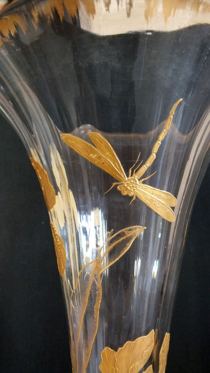 Grand Vase Art Nouveau Cornet Emaille Or Baccarat