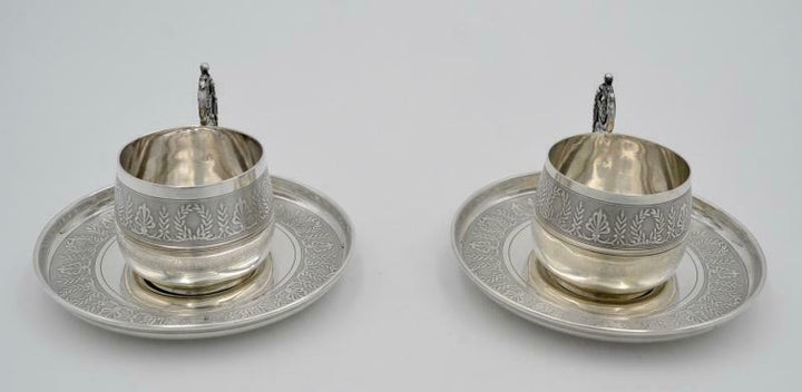 ピュイフォルカ、1900年代アンティークのオリジナル950銀ペアカップ&ソーサー、299g