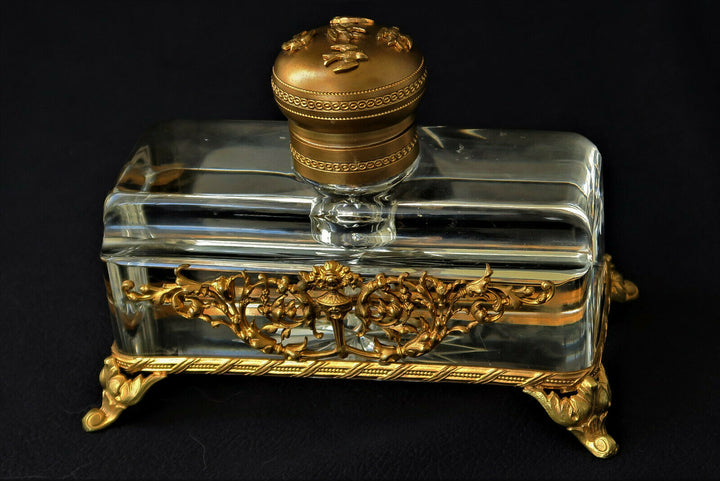 Encrier EMPIRE Bronze Doré Cristal Baccarat Hirondelles Vase Fleuri XIXème