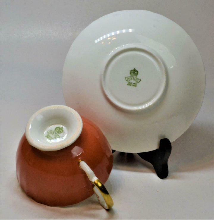 AYNSLEY Bone China England Orange Gold LEAVES Ribbed #C1687 Set Cup & Saucer