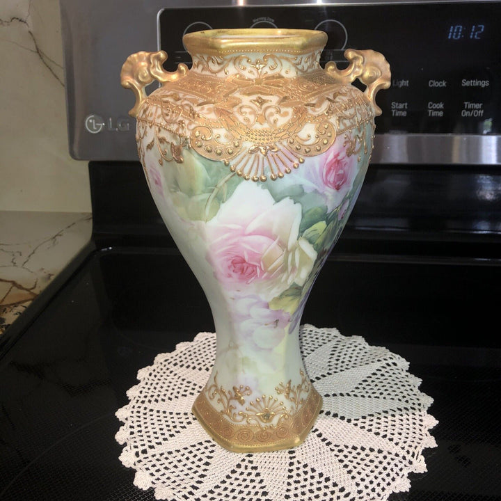オールドノリタケ　メイプルリーフ印　ピンクローズと金彩の高級花瓶