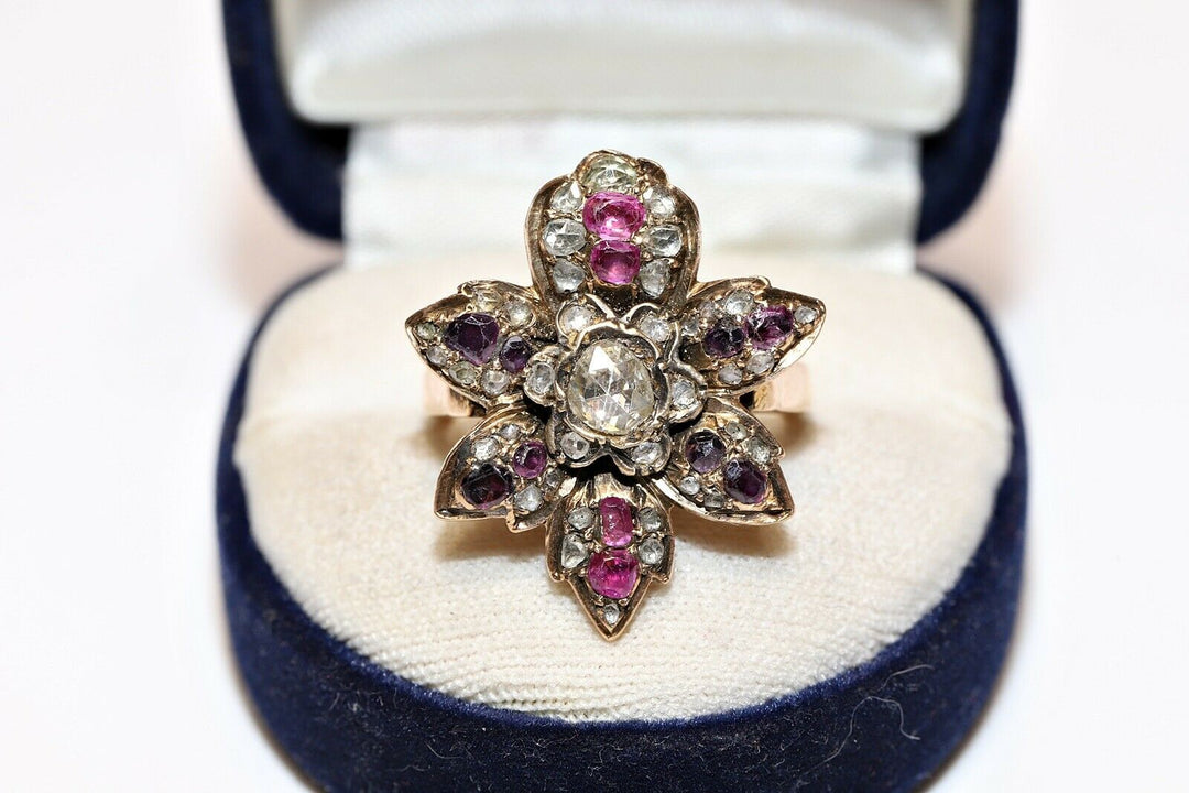 アンティーク ヴィクトリアン 14K ナチュラルローズカットダイヤモンド、ルビー、アメシストのリング