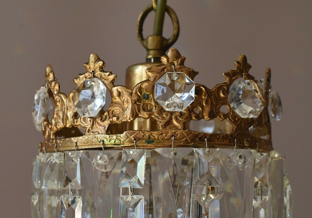 Matching Antique Crystal Chandeliers, Pair Vintage Pendant Kitchen Lighting Lamp