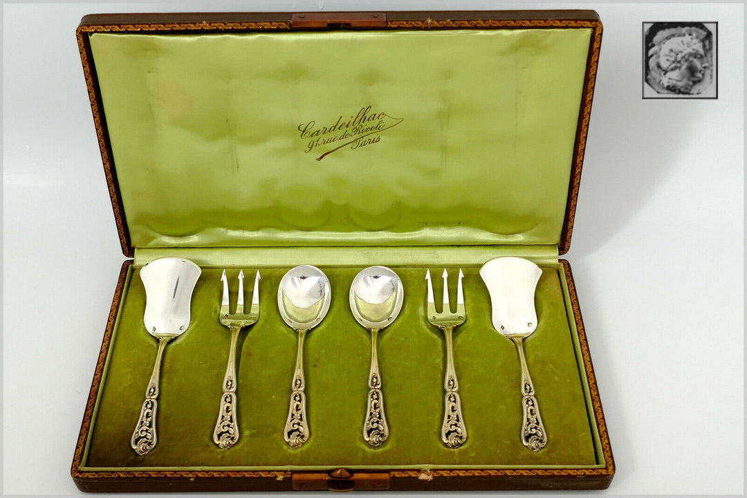 Cardeilhac French Sterling Silver 18K Gold Hors D'oeuvre Dessert Set 6 Pc, Box