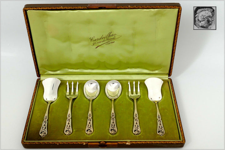 Cardeilhac French Sterling Silver 18K Gold Hors D'oeuvre Dessert Set 6 Pc, Box