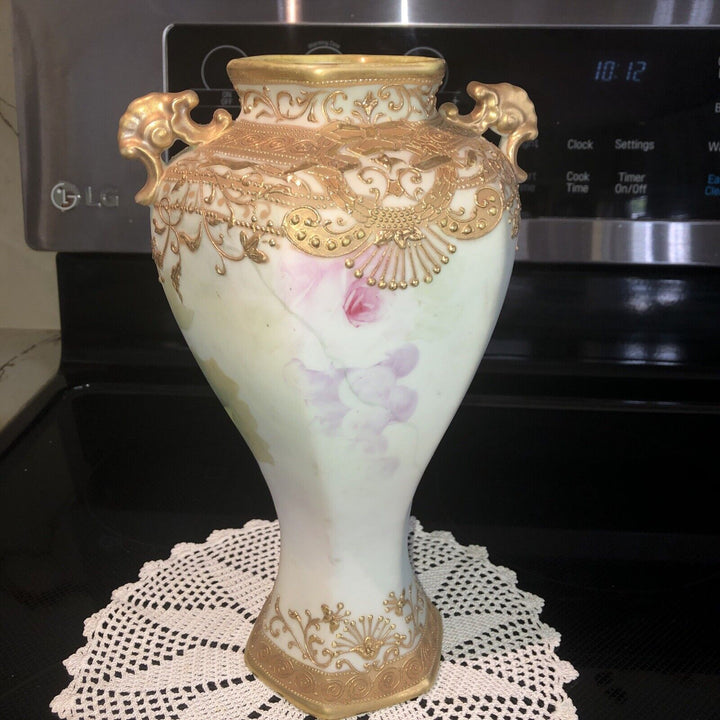 オールドノリタケ　メイプルリーフ印　ピンクローズと金彩の高級花瓶