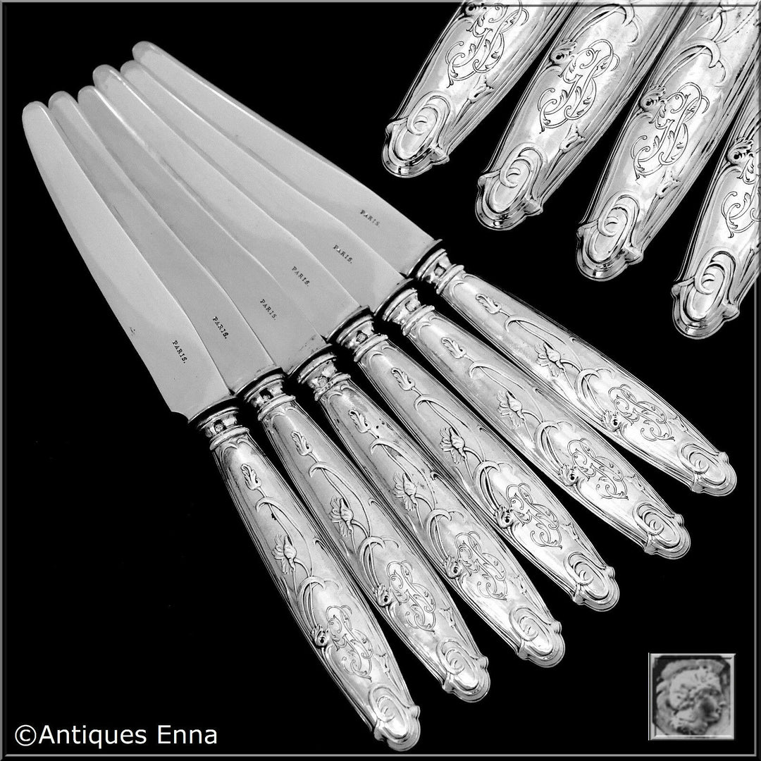 Lapparra Fabulous French Sterling Silver Dessert Entremet Set 6 pc Poppies