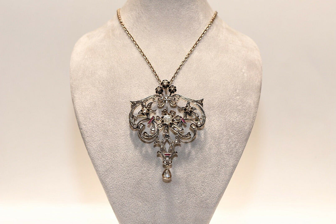 アンティーク オリジナル オスマン朝 8K ゴールド 天然ローズカット ダイヤモンド・ルビー ネックレス