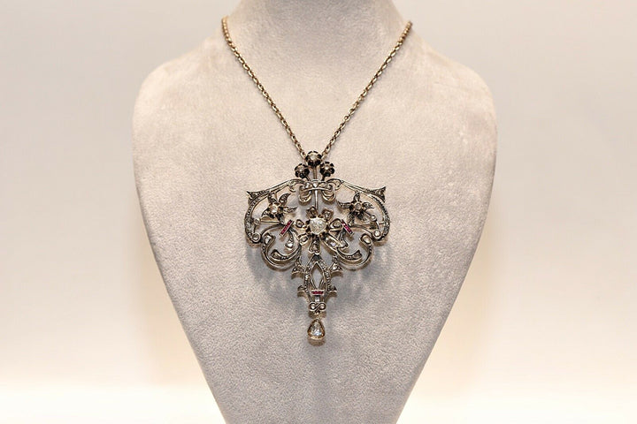 アンティーク オリジナル オスマン朝 8K ゴールド 天然ローズカット ダイヤモンド・ルビー ネックレス