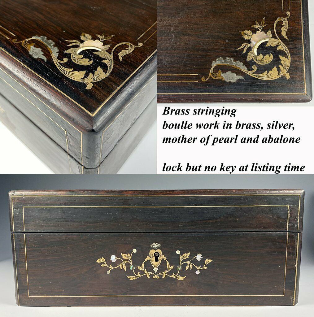 Antique French Boulle Rosewood Jewelry Box, Casket, Mother of Pearl Silver Inlay