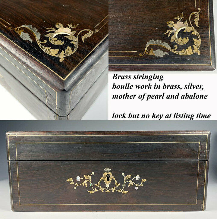 Antique French Boulle Rosewood Jewelry Box, Casket, Mother of Pearl Silver Inlay