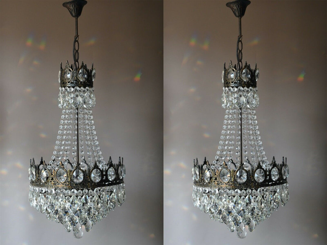 Two Antique Vintage Crystal Chandeliers in Bronze, Ceiling Lighting, pendants