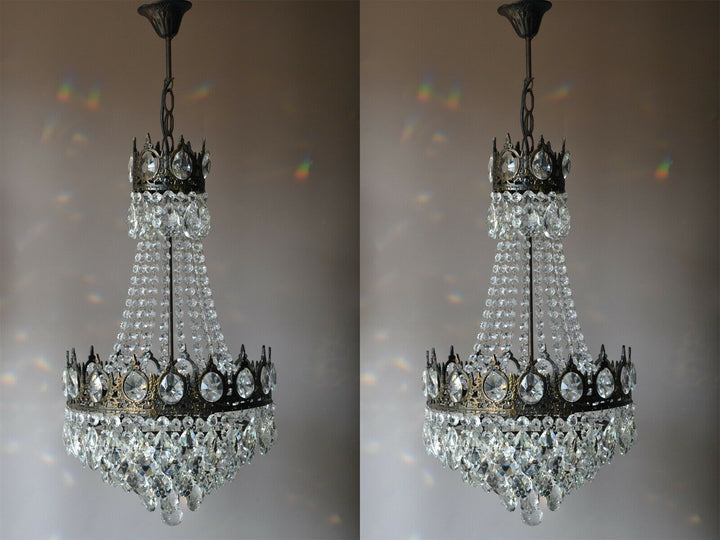 Two Antique Vintage Crystal Chandeliers in Bronze, Ceiling Lighting, pendants