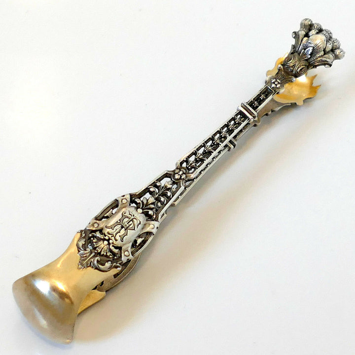 Puiforcat French Sterling Silver Sugar Sifter Spoon & Sugar Tongs, Box, Mascaron