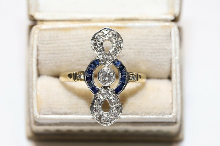 アンティーク オリジナル アールデコ 18K ナチュラルダイヤモンドとカリバーサファイアのリング