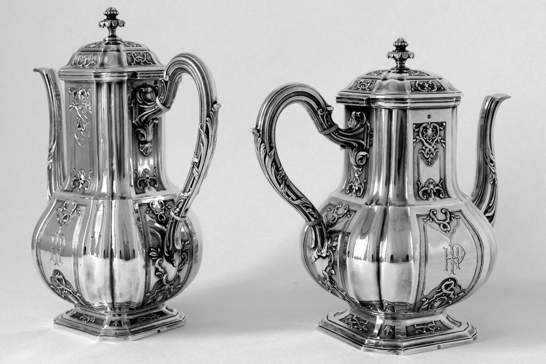 Puiforcat French Sterling Silver 18k Gold Tea, Coffee Set 4 pc, Regency